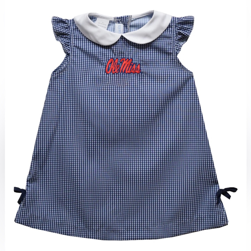 Vive Le Fete Girls “Ole Miss” Embroidered Navy Gingham A-Line Dress 3T
